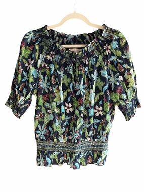 TORY BURCH Floral Smocked Peasant Blouse Top Cotton Peplum Blue Green 8
